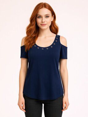 Belldini Cold Shoulder Navy Blue Gold Rivet Detail Women's Tunic Top Size L